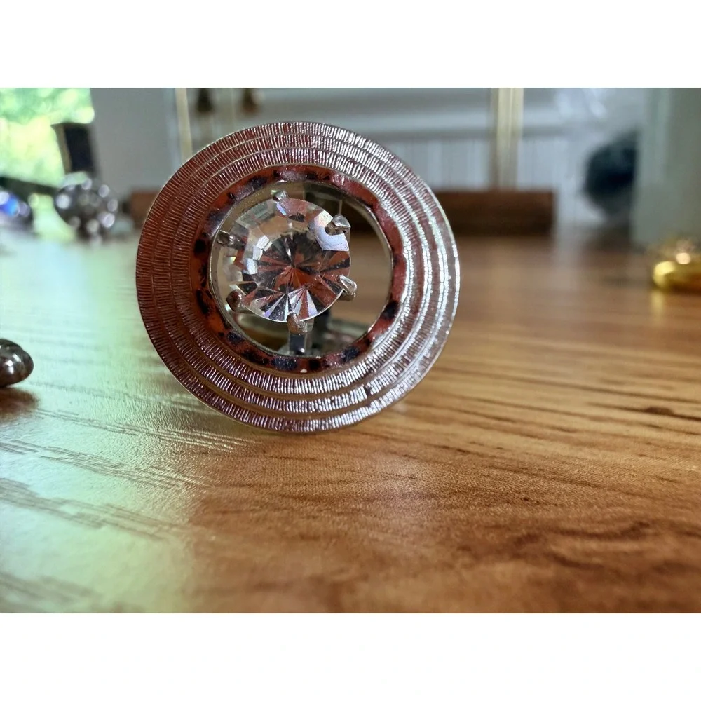 Swank Vintage Silver Tone Concentric Circle Crystal Cufflinks OS - Unsigned